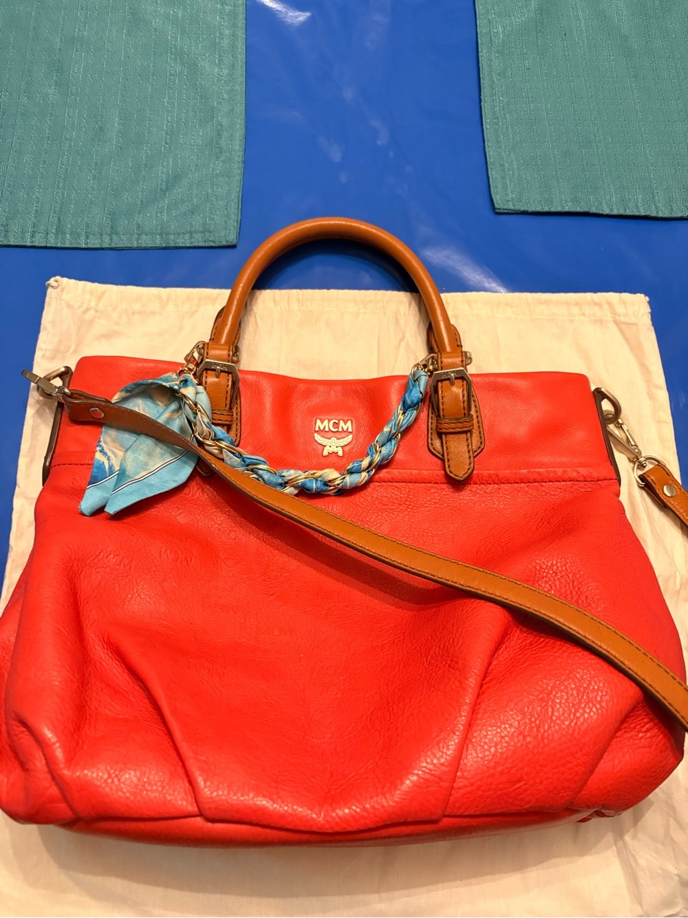 MCM orange Leather Shoulder Tote with Tan Handles